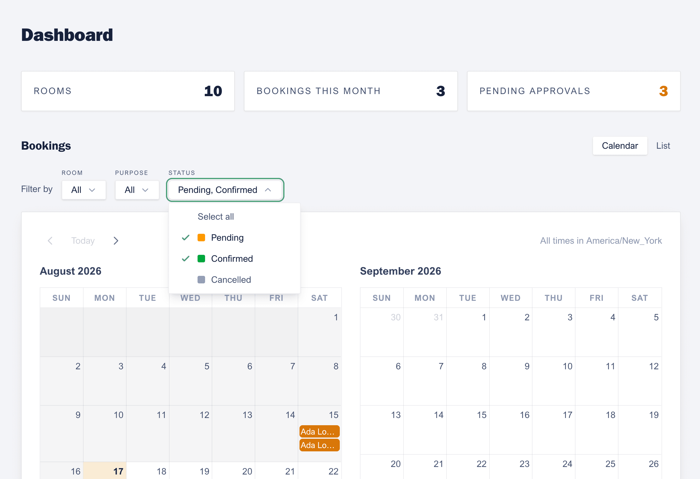 Roomsked admin dashboard showing the department schedule
